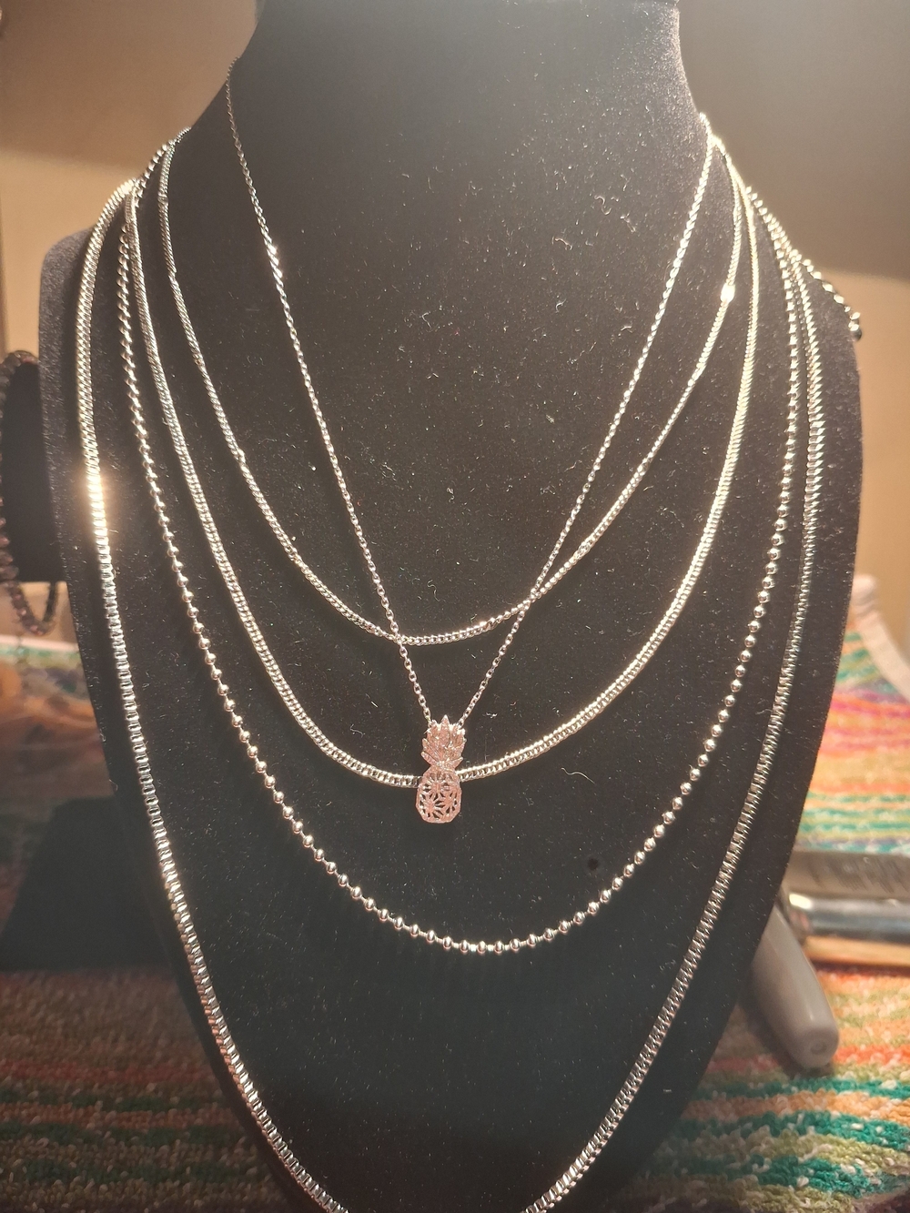Silver Tone Layered Necklace with Pineapple Pendant - Bundle